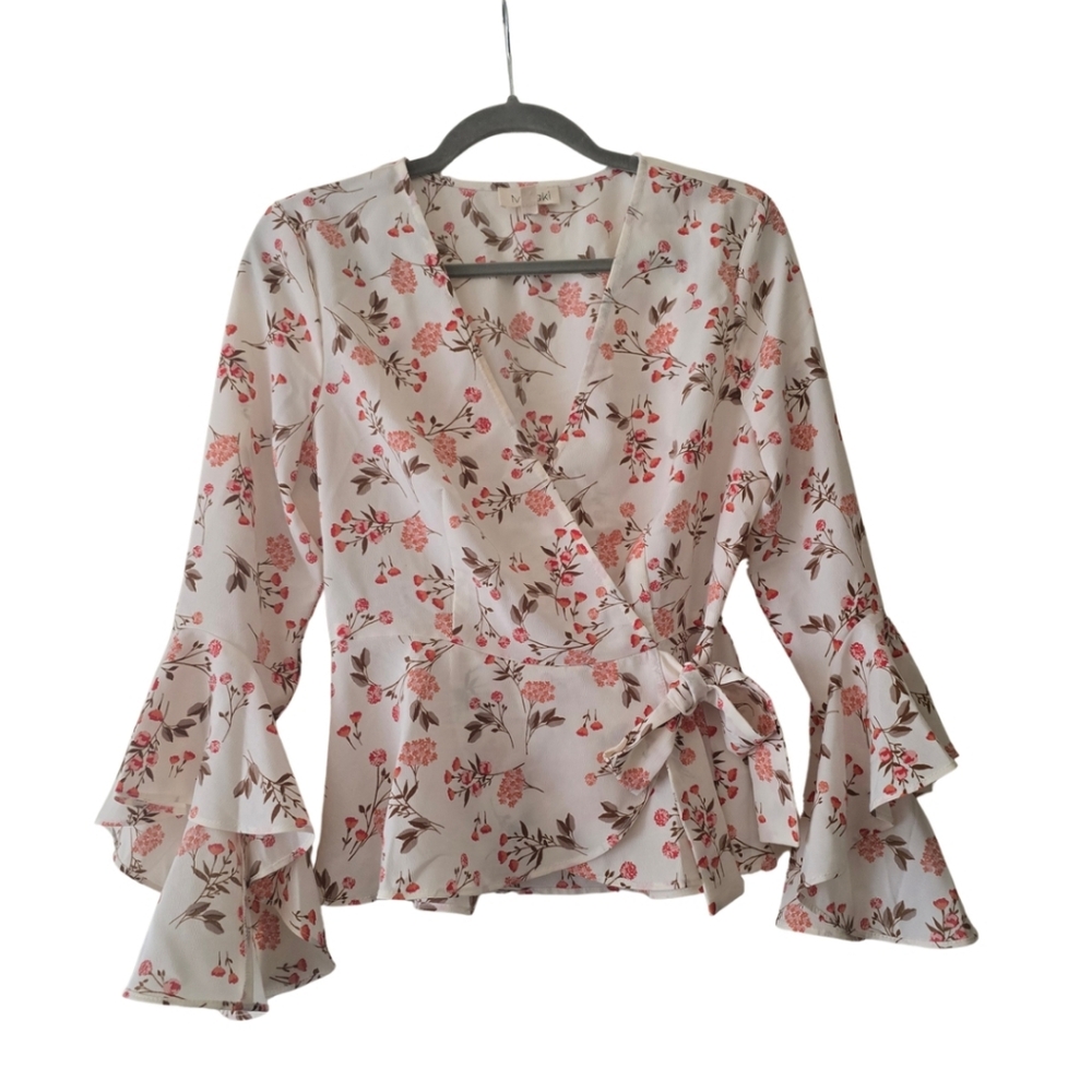 White And Pink Floral Wrap Blouse with Ruffle Bell Sleeves